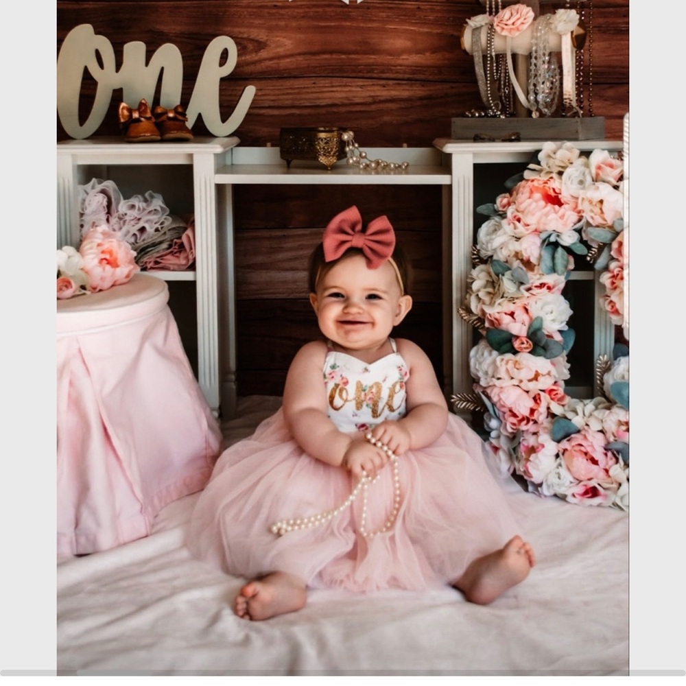 Pink Floral Party “ONE” Infant Dress. Size 6-12 months.